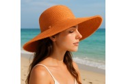Wide Brim Braded Paper Straw Hat w/ Frill - Orange - HT-ST255OG